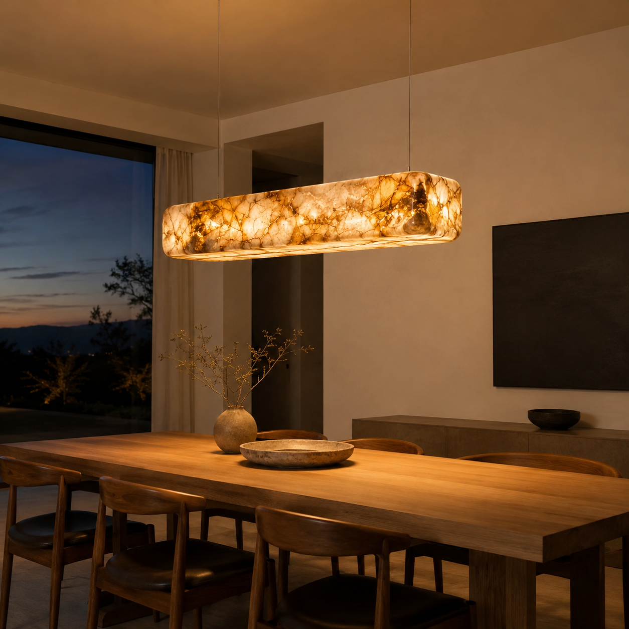 Linear alabaster chandelier glowing warm above a walnut dining table