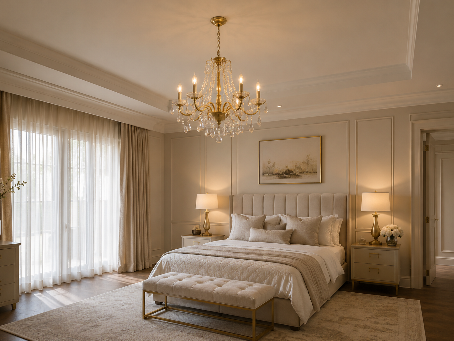 Gold crystal chandelier in an elegant primary bedroom