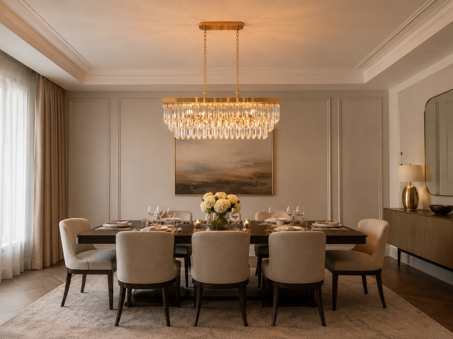 Gold crystal chandelier above a dining table