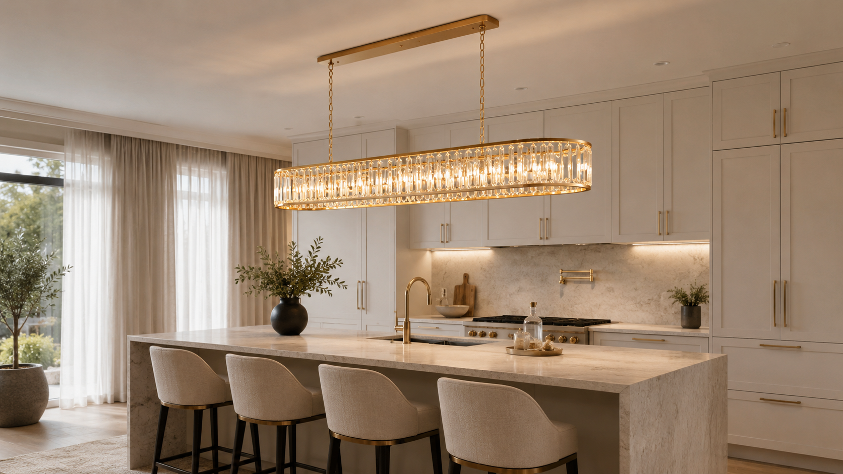 Long oval crystal chandelier over a kitchen island