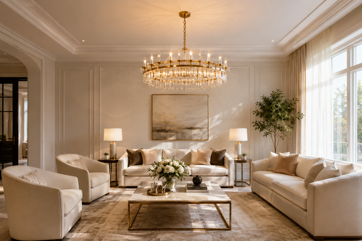 Gold crystal chandelier above a living room seating area