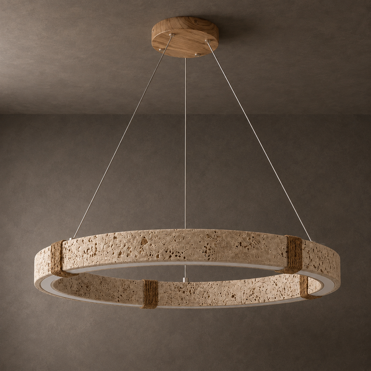Ringo Round Travertine Ring Chandelier | Organic Modern LED Pendant for Dining & Living Rooms