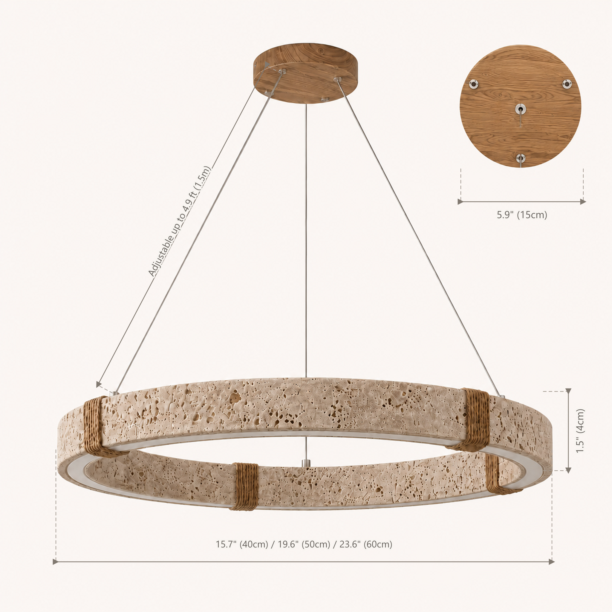 Ringo Round Travertine Ring Chandelier | Organic Modern LED Pendant for Dining & Living Rooms