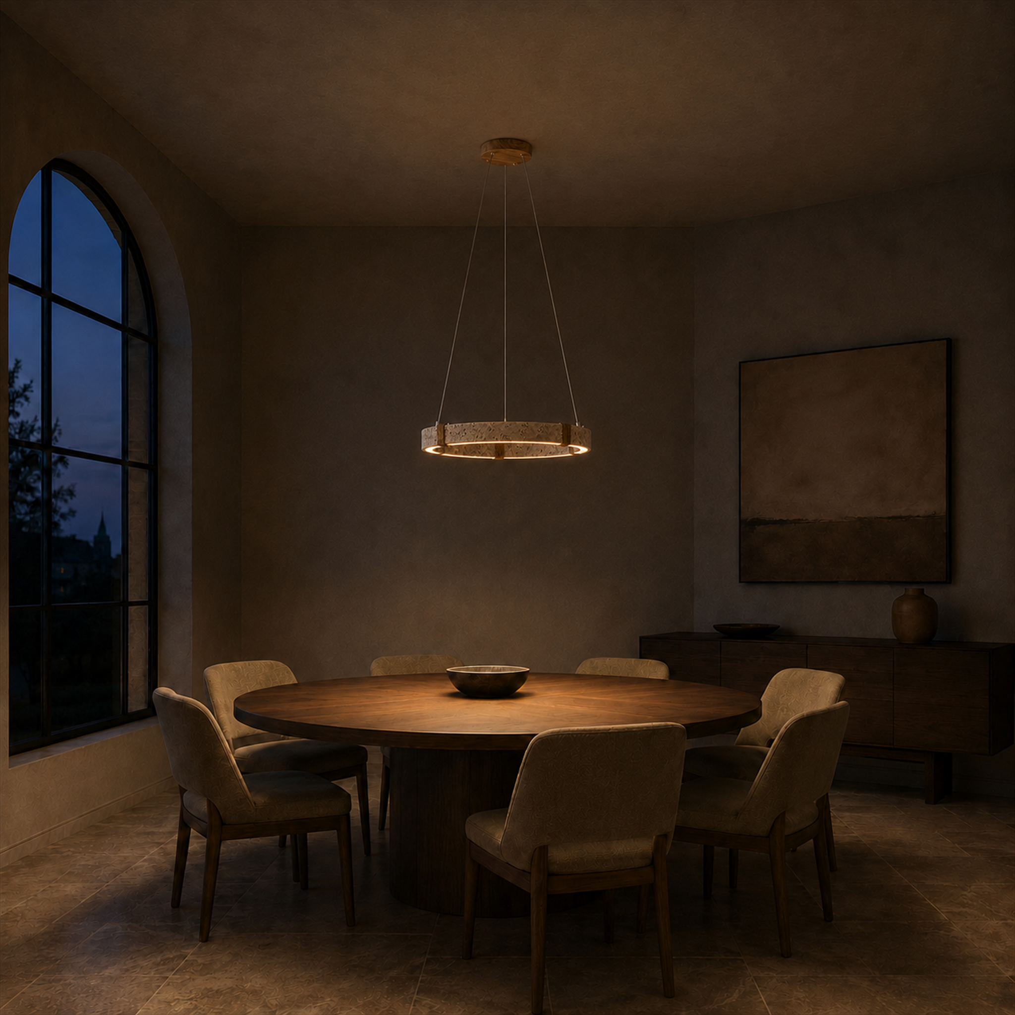 Ringo Round Travertine Ring Chandelier | Organic Modern LED Pendant for Dining & Living Rooms