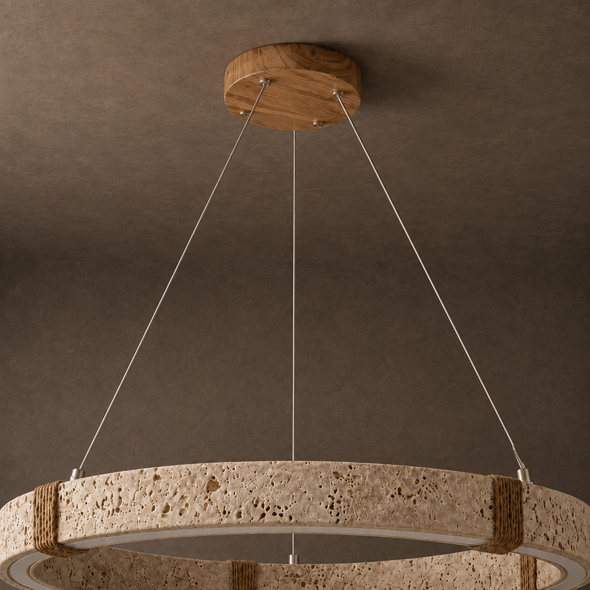 Ringo Round Travertine Ring Chandelier | Organic Modern LED Pendant for Dining & Living Rooms