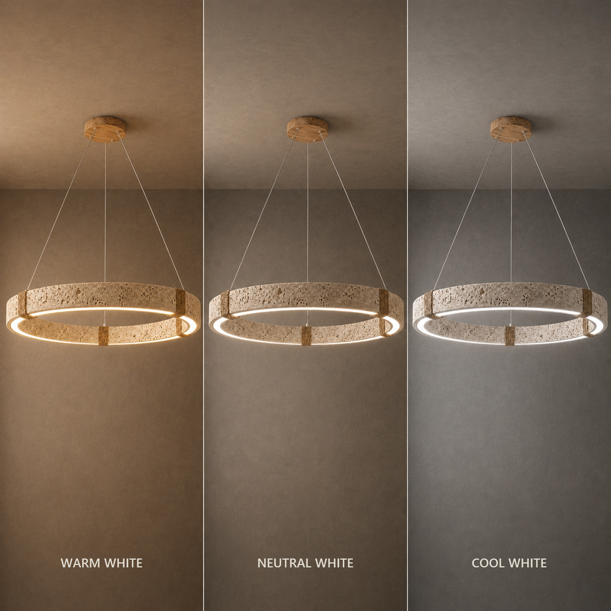 Ringo Round Travertine Ring Chandelier | Organic Modern LED Pendant for Dining & Living Rooms