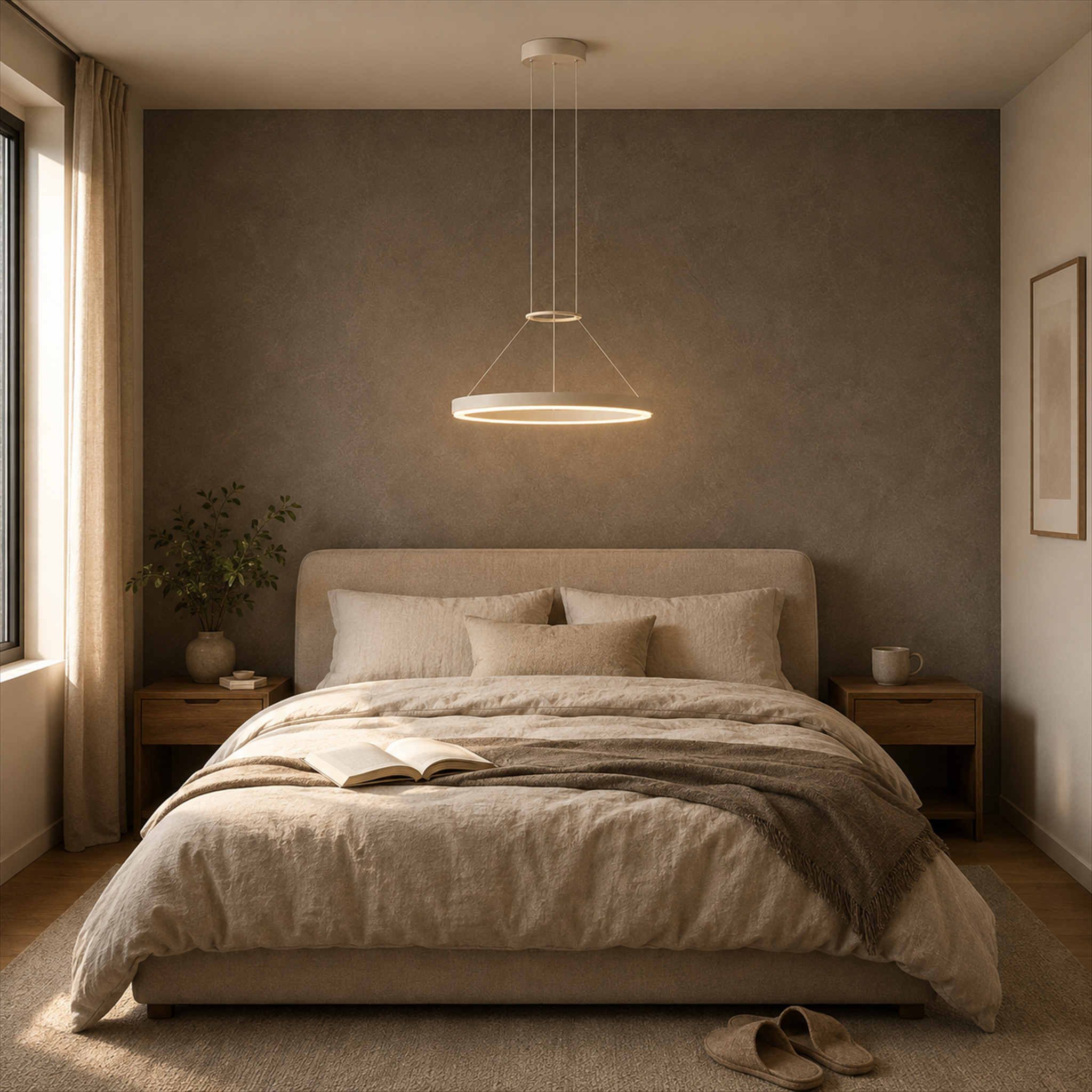 Calve Minimalist Ring Chandelier | Round LED Ceiling Light in Black or White for Bedroom & Dining