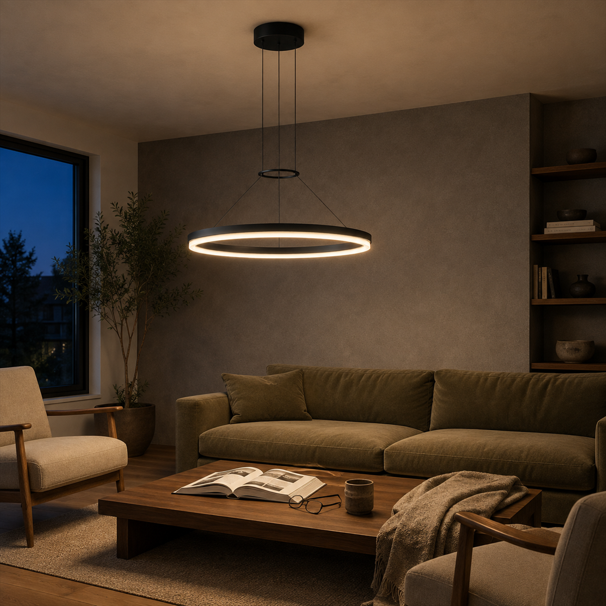 Calve Minimalist Ring Chandelier | Round LED Ceiling Light in Black or White for Bedroom & Dining