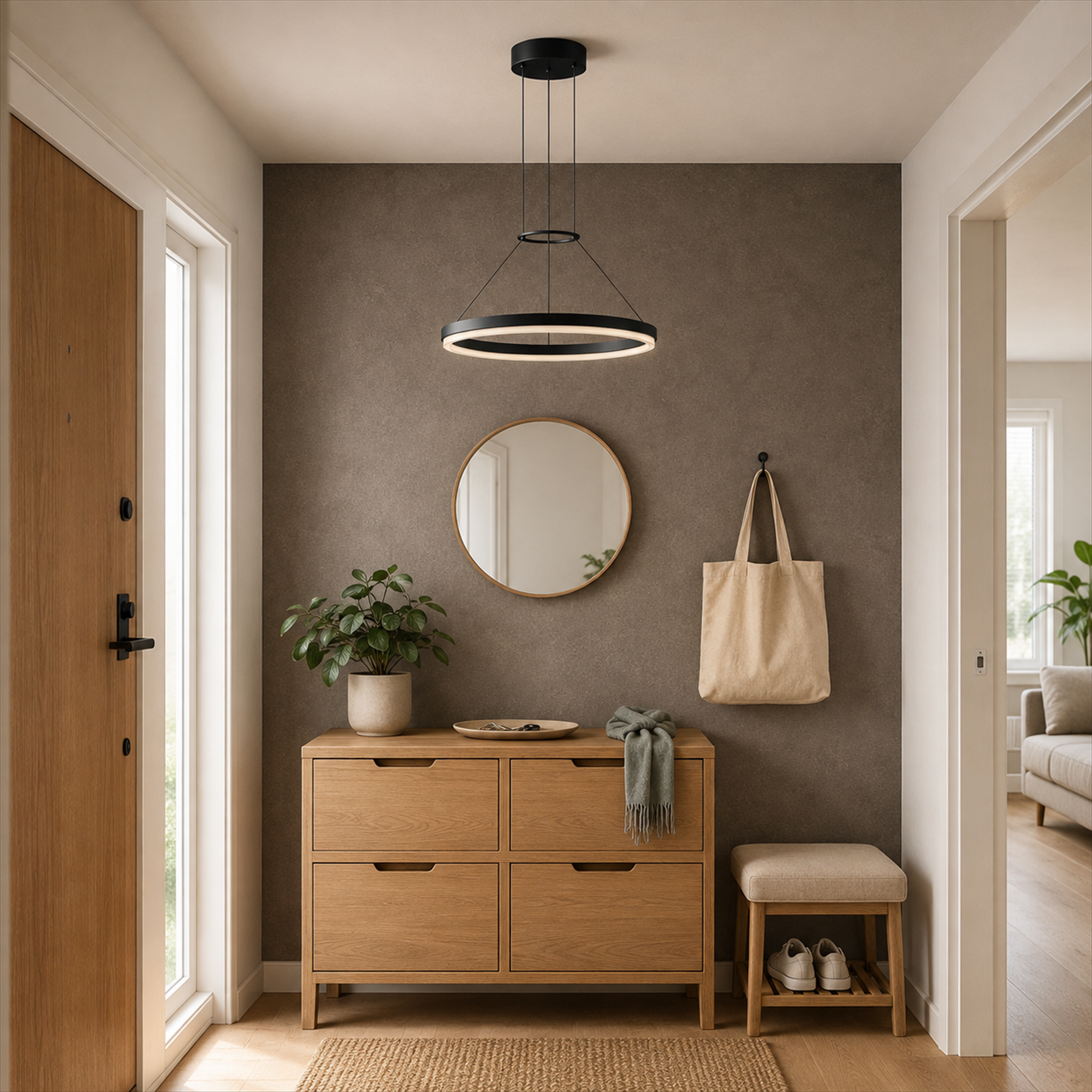 Calve Minimalist Ring Chandelier | Round LED Ceiling Light in Black or White for Bedroom & Dining