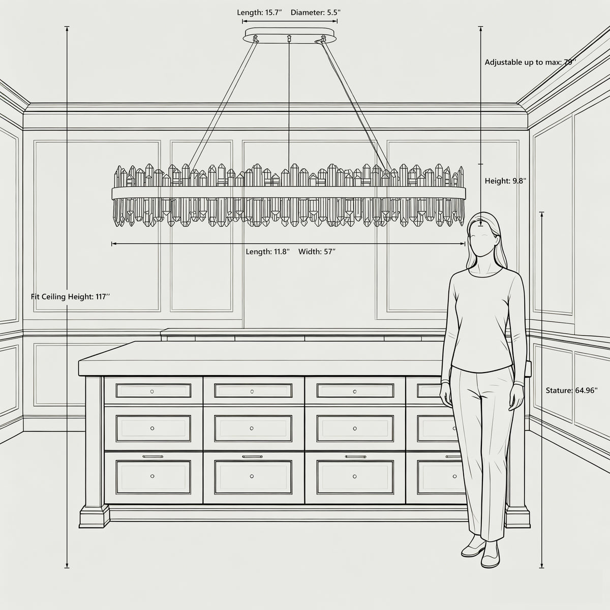 Rectangular Crystal Chandelier 57" — 32-Light Modern K9 Chandelier
