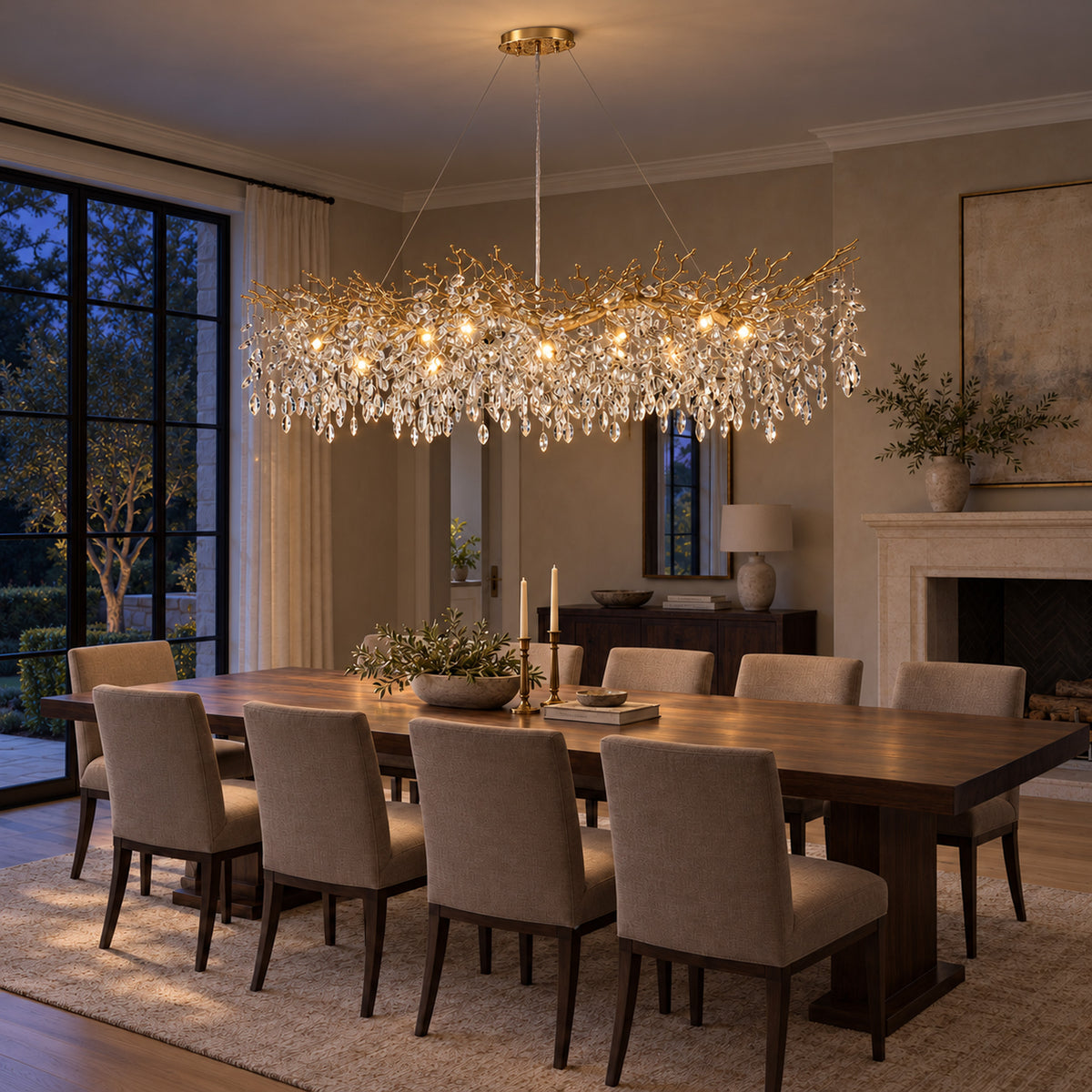 Rami Branch Chandelier, 14-Light Gold K9 Crystal, 63" Long