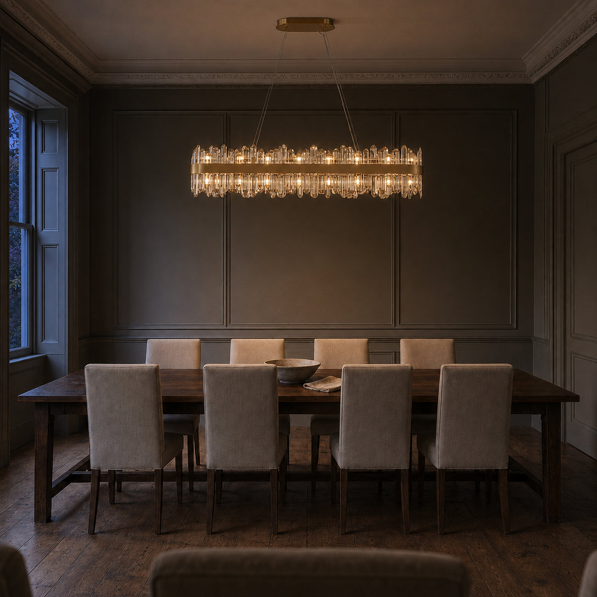 Oval Crystal Chandelier 45.3" — 24-Light Gold K9 Chandelier for Long Tables
