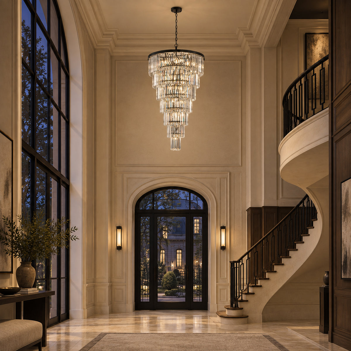 Cascata Chandelier, 7-Tier 22-Light Black K9 Crystal, 30" Dia
