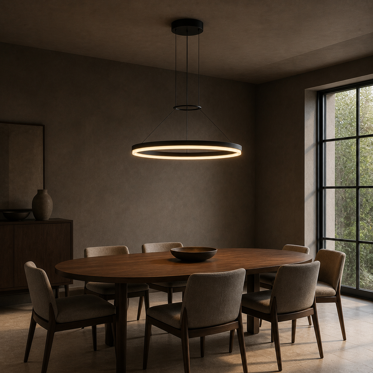 Calve Minimalist Ring Chandelier | Round LED Ceiling Light in Black or White for Bedroom & Dining