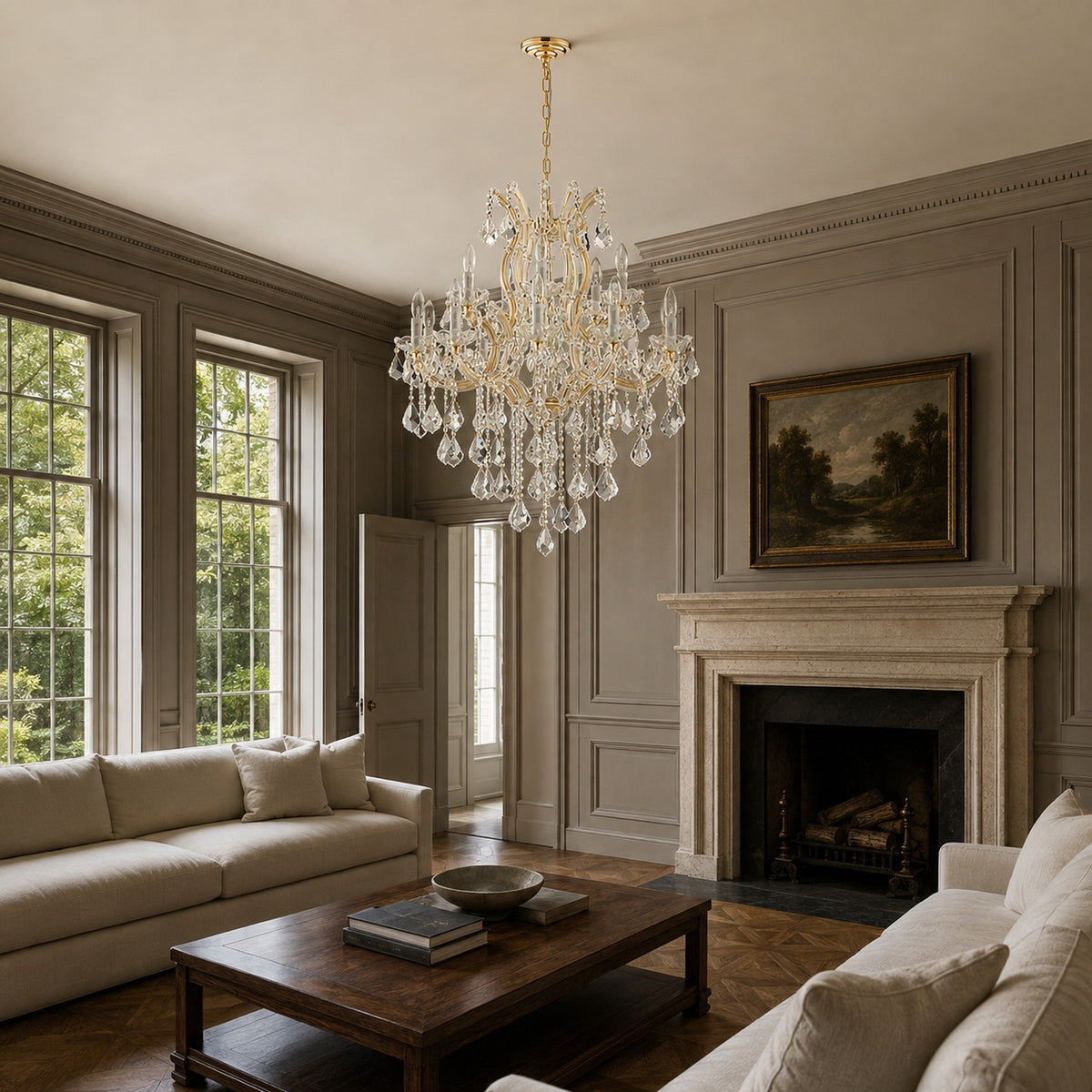Maria Theresa Crystal Chandelier — 15-Light Gold K9 for High Ceilings