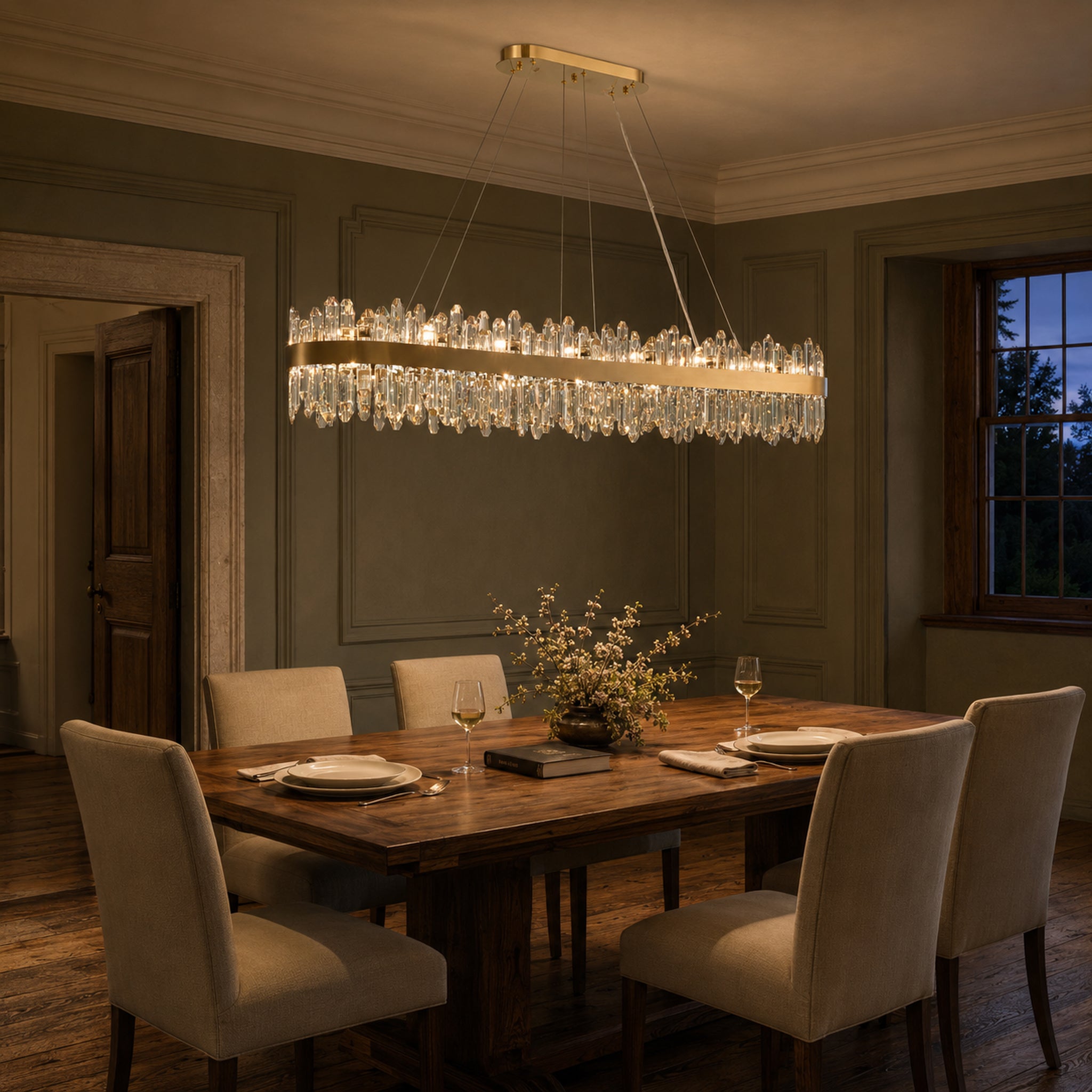 Rectangular Crystal Chandelier 57" — 32-Light Modern K9 Chandelier