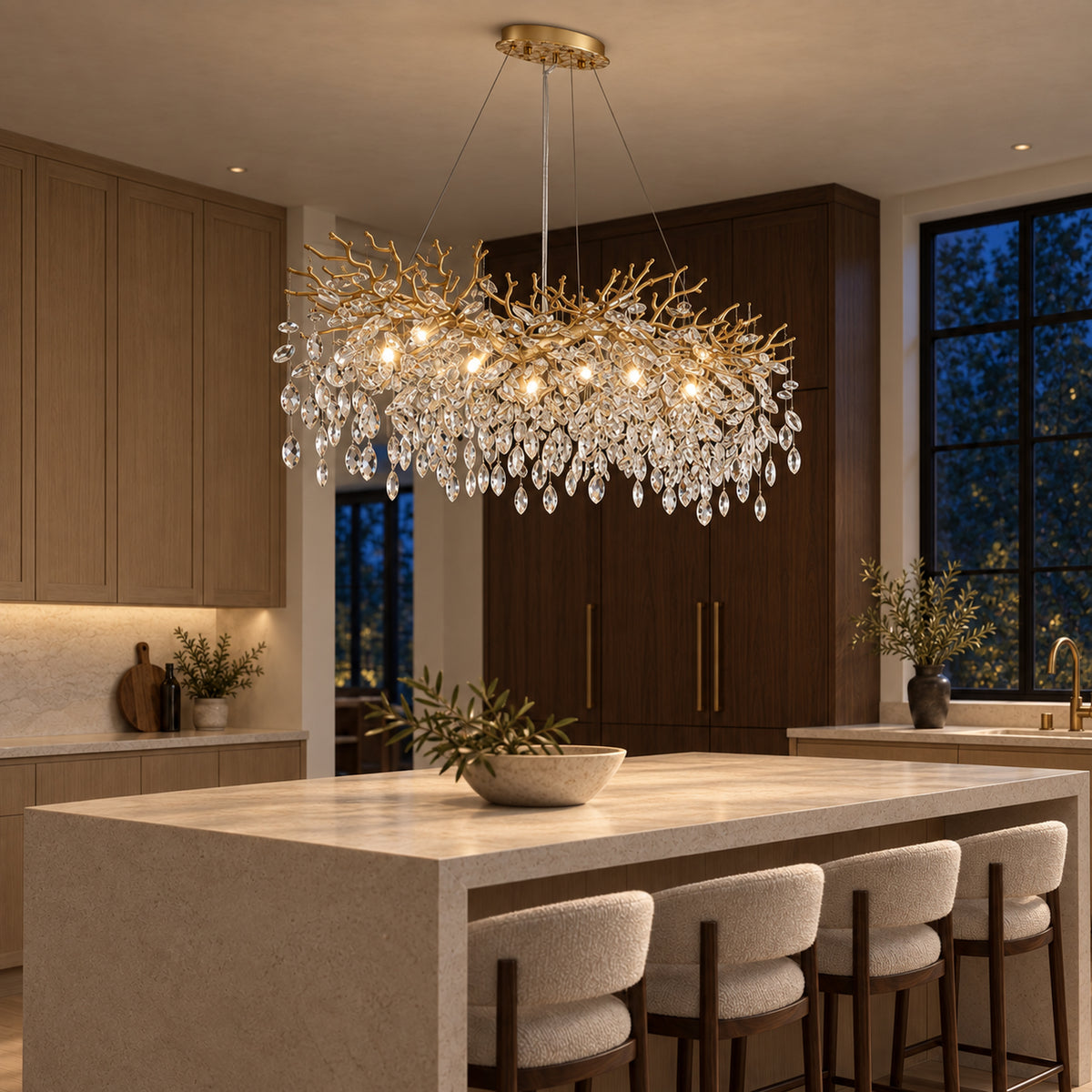 Rami Branch Chandelier, 12-Light Gold K9 Crystal, 47.2" Long