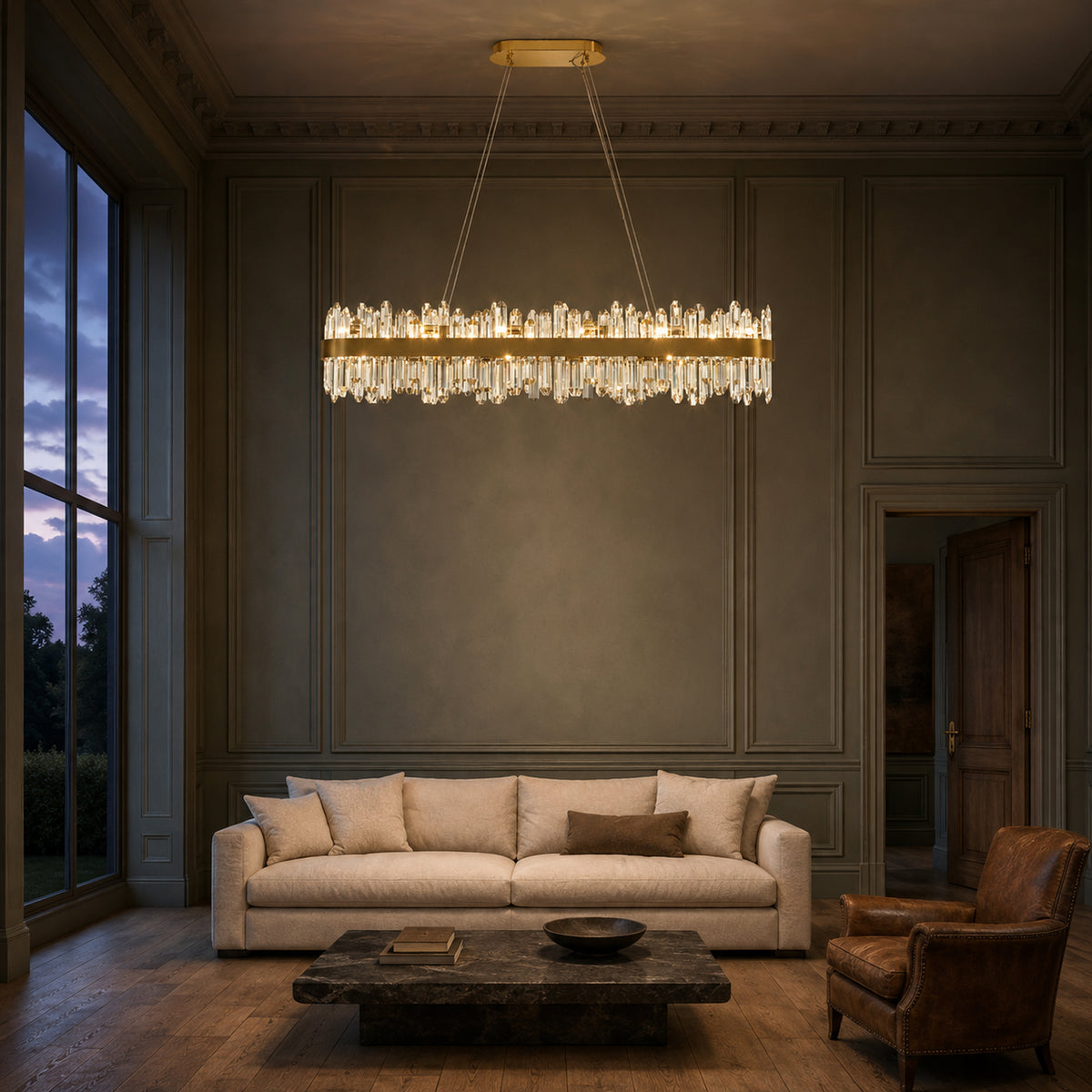 Oval Crystal Chandelier 45.3" — 24-Light Gold K9 Chandelier for Long Tables