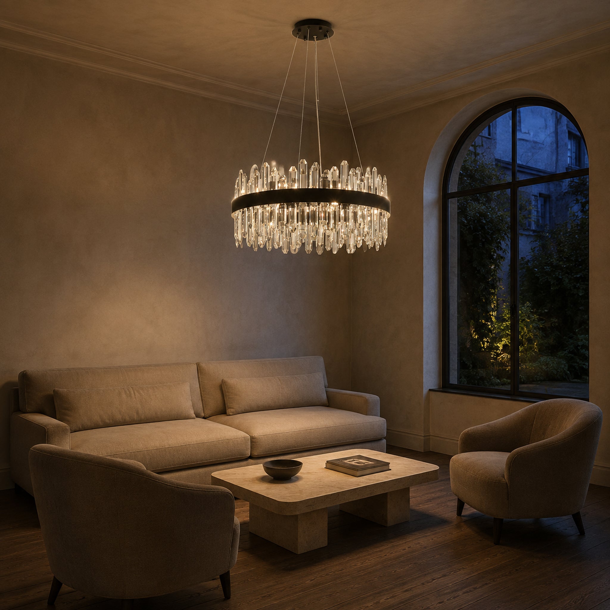 Round 2-Tier K9 Crystal Chandelier 23" — 16-Light Gold Modern Chandelier