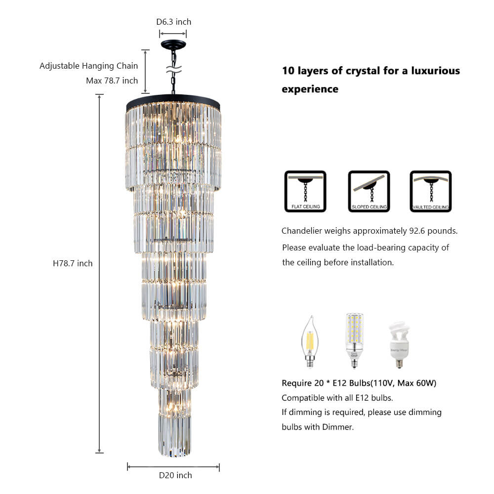 10-tier spiral crystal chandelier dimensions and bulb guide