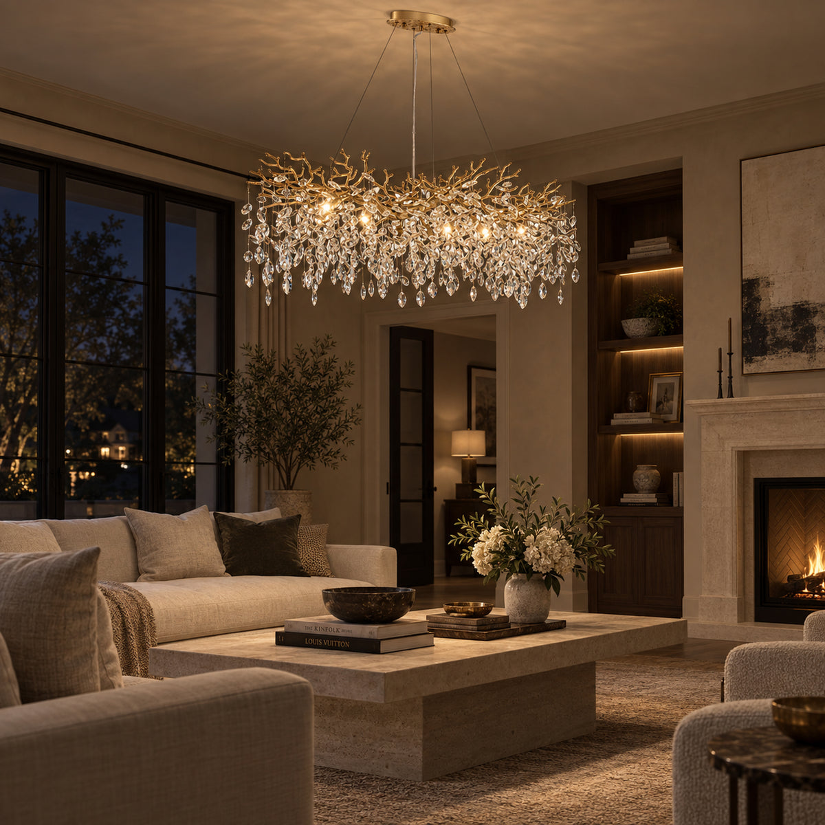 Rami Branch Chandelier, 12-Light Gold K9 Crystal, 47.2" Long