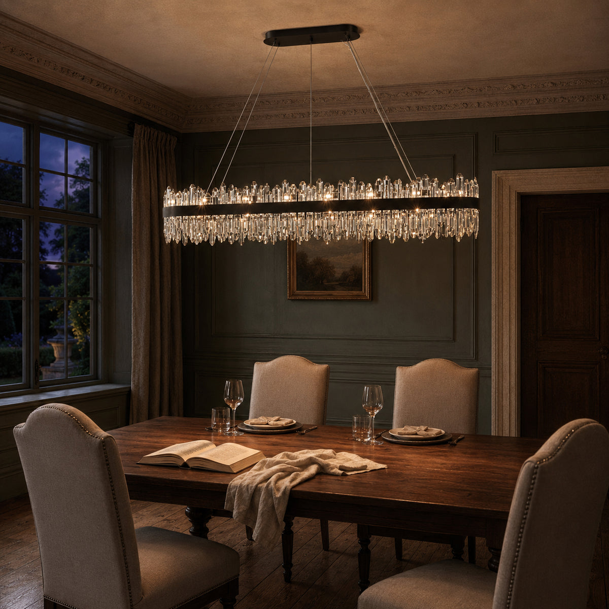 Rectangular Crystal Chandelier 57" — 32-Light Modern K9 Chandelier