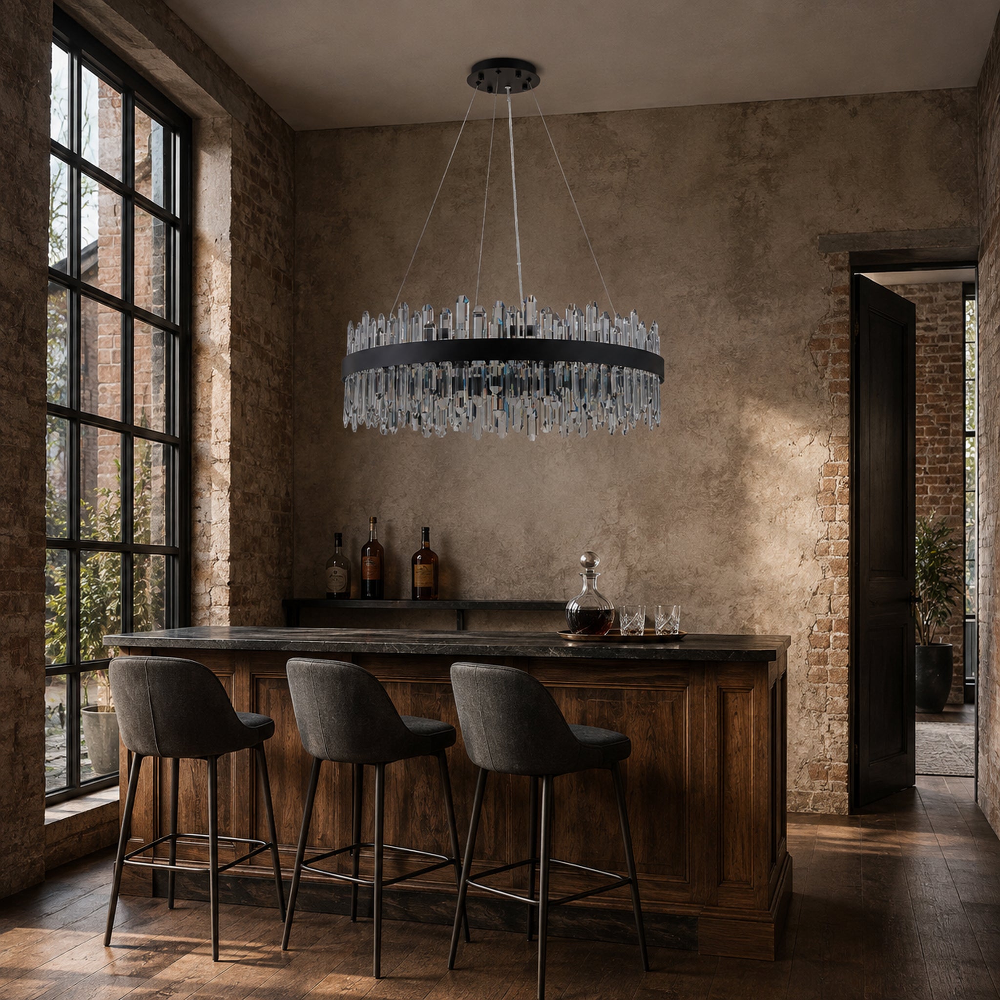 Modern Round K9 Crystal Chandelier 30" — 2-Tier, 24-Light, Black
