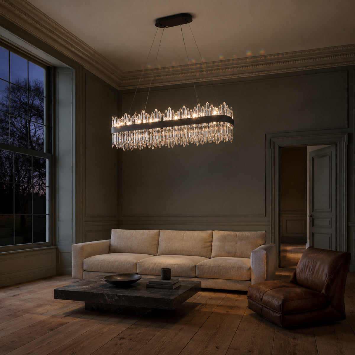Oval Crystal Chandelier 45.3" — 24-Light Gold K9 Chandelier for Long Tables