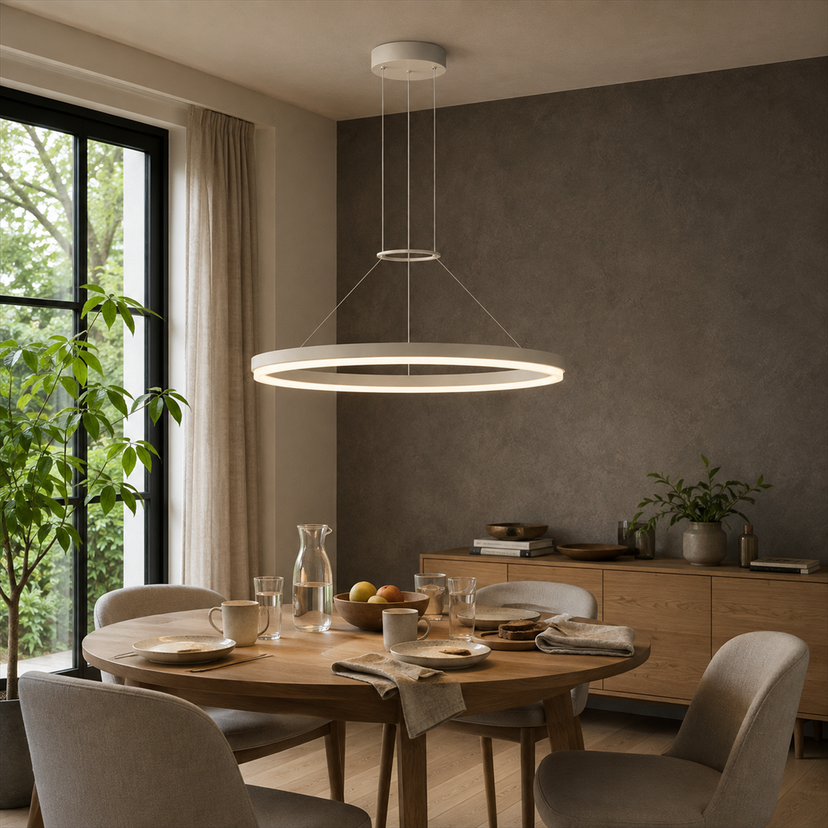 Calve Minimalist Ring Chandelier | Round LED Ceiling Light in Black or White for Bedroom & Dining