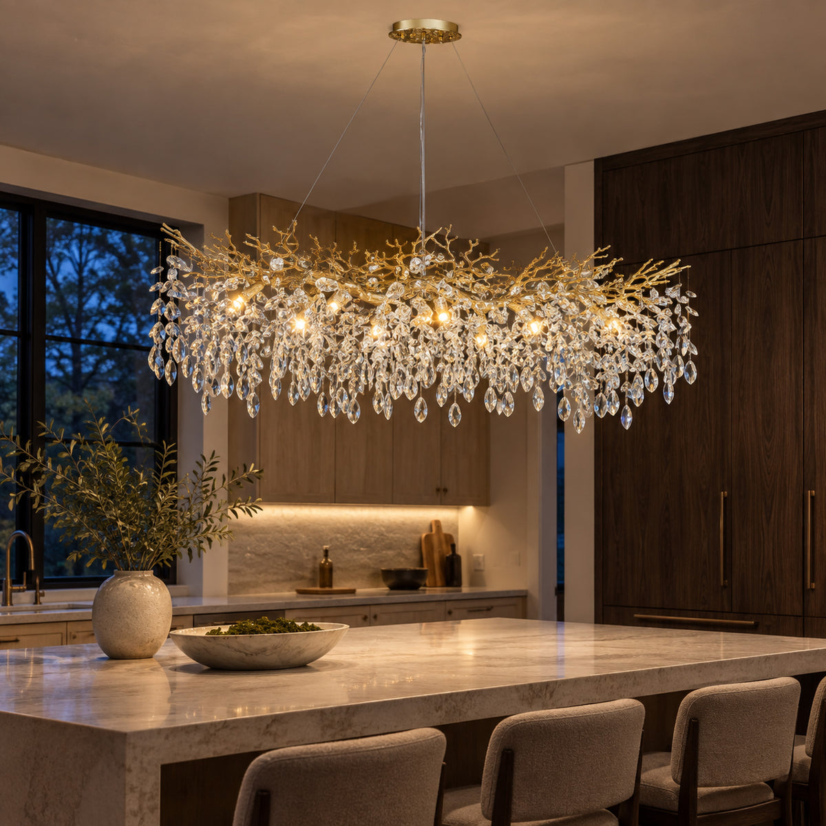 Rami Branch Chandelier, 14-Light Gold K9 Crystal, 63" Long