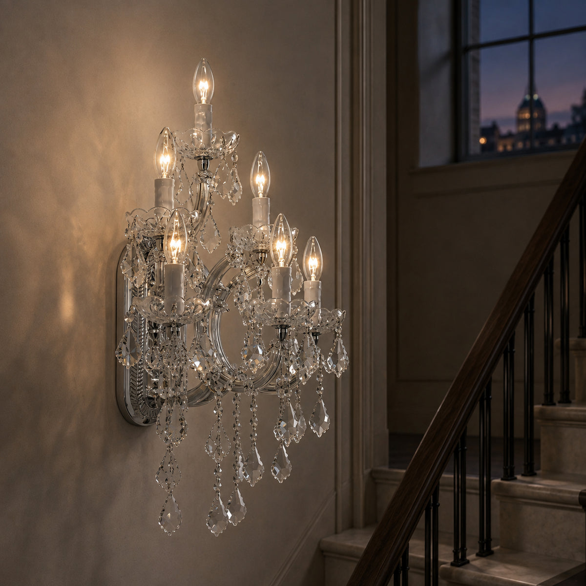 Maria Theresa Wall Sconce, 6-Light Chrome K9 Crystal, 17" W