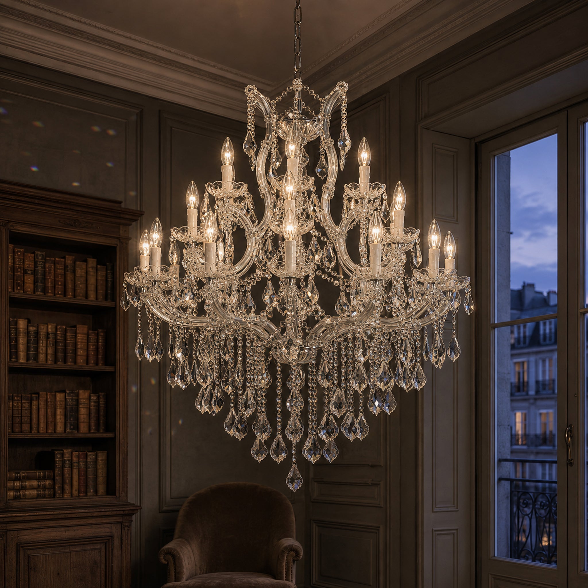 Maria Theresa Crystal Chandelier — 15-Light Gold K9 for High Ceilings