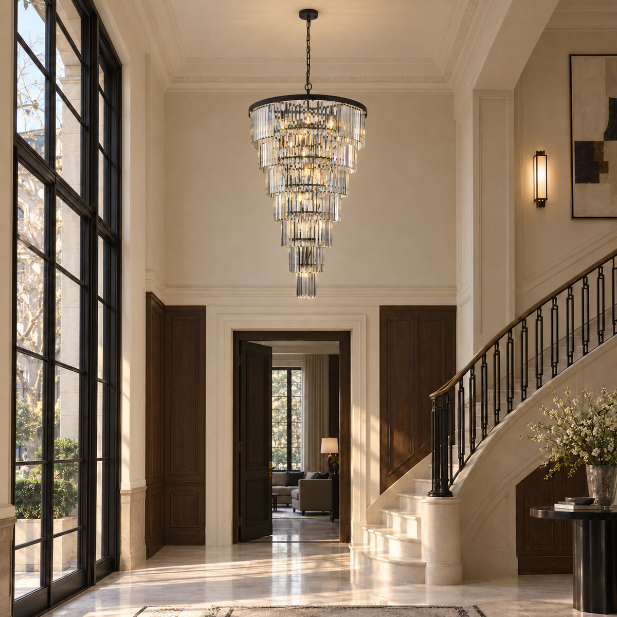 Cascata Chandelier, 7-Tier 22-Light Black K9 Crystal, 30" Dia