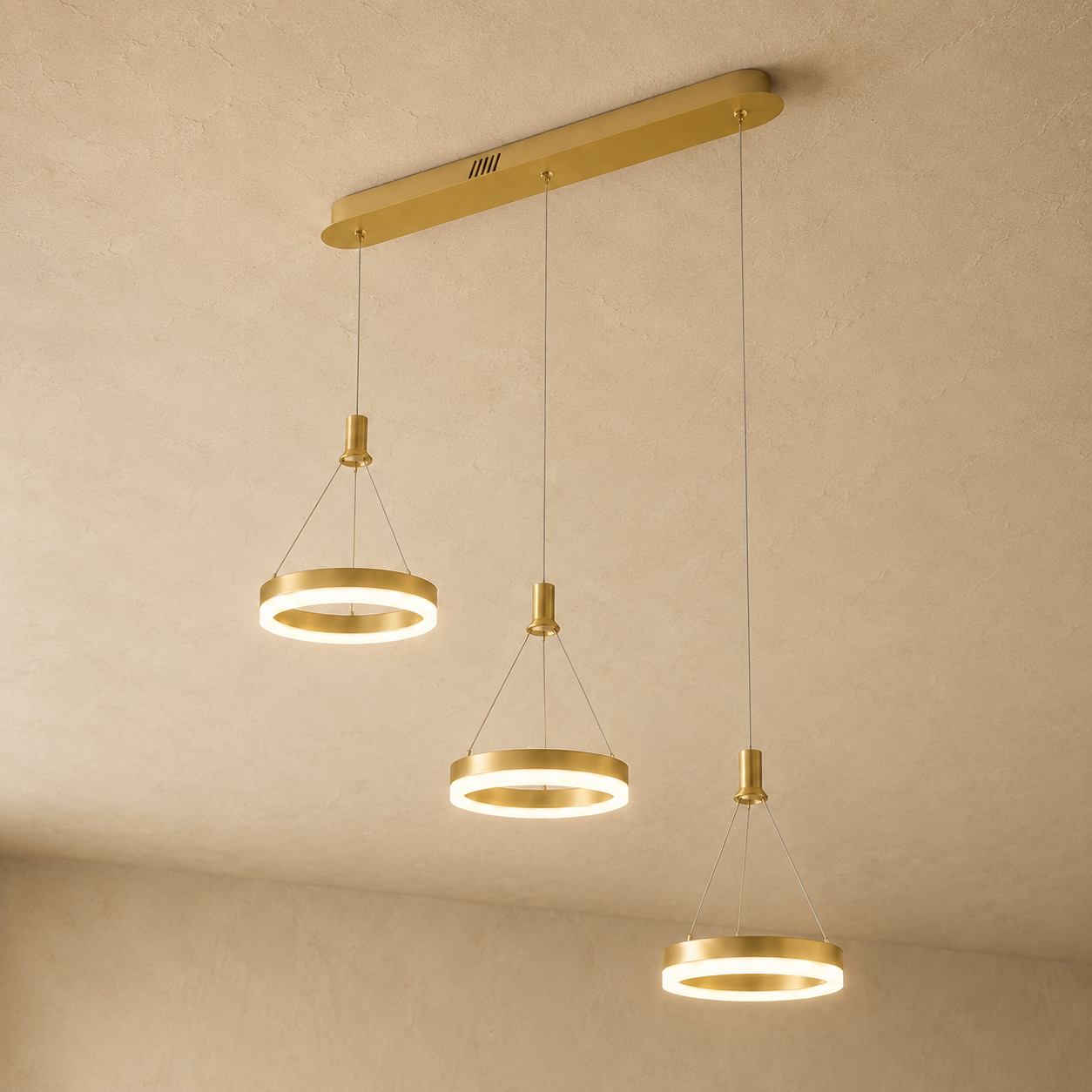 Aitu LED chandelier above a long dining table in a modern interior