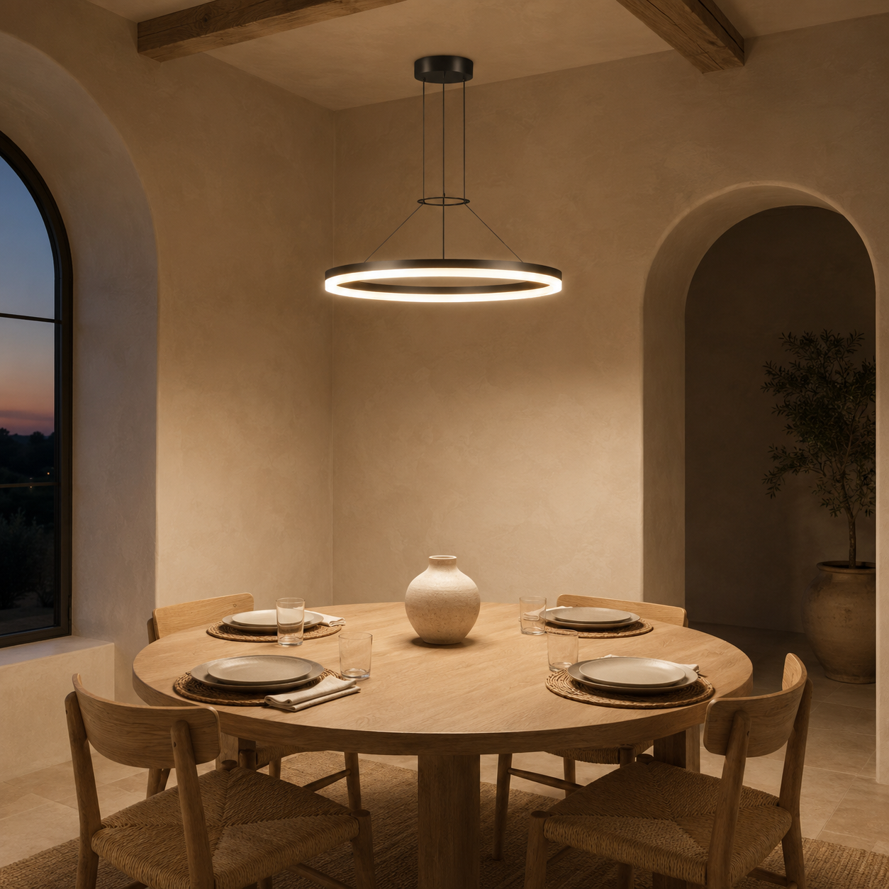 Calve Minimalist Ring Chandelier | Round LED Ceiling Light in Black or White for Bedroom & Dining