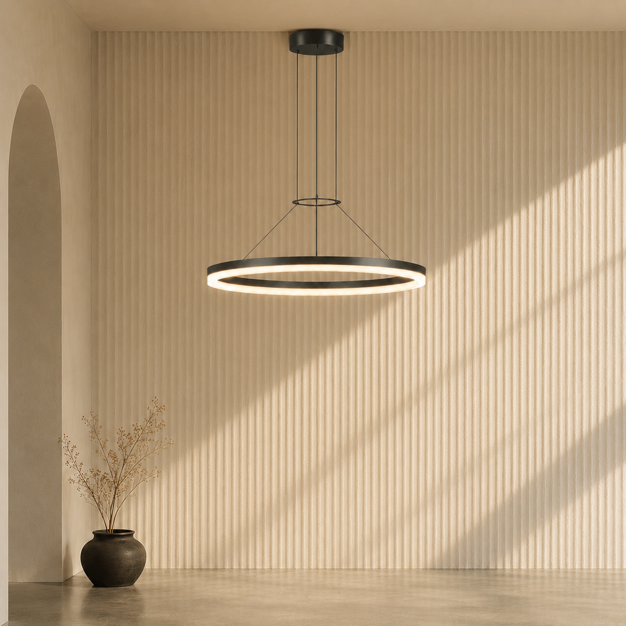 Calve Minimalist Ring Chandelier | Round LED Ceiling Light in Black or White for Bedroom & Dining
