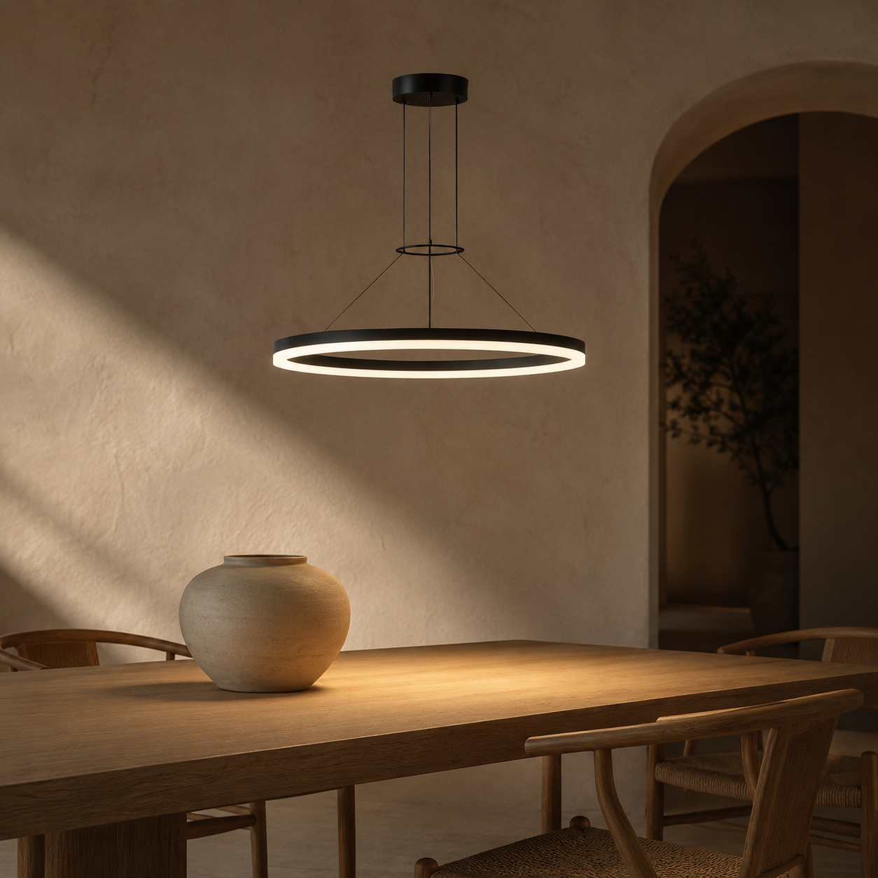 Calve Minimalist Ring Chandelier | Round LED Ceiling Light in Black or White for Bedroom & Dining