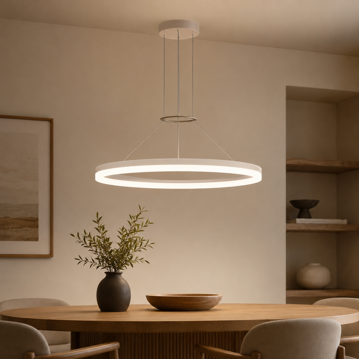 Calve Minimalist Ring Chandelier | Round LED Ceiling Light in Black or White for Bedroom & Dining