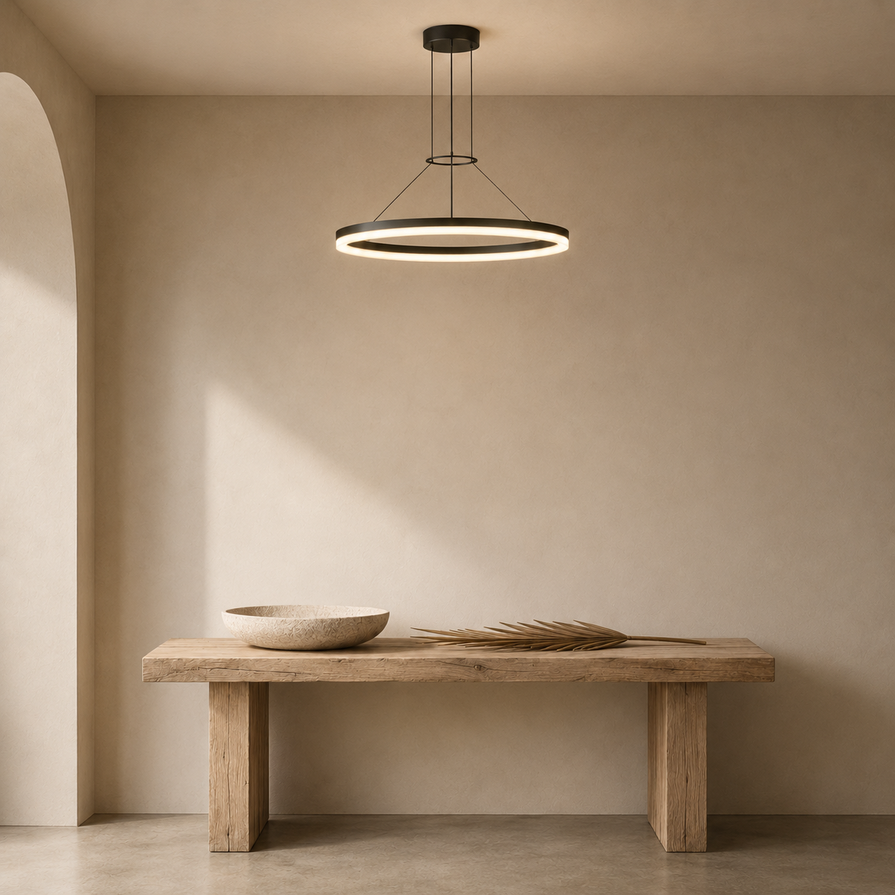 Calve Minimalist Ring Chandelier | Round LED Ceiling Light in Black or White for Bedroom & Dining