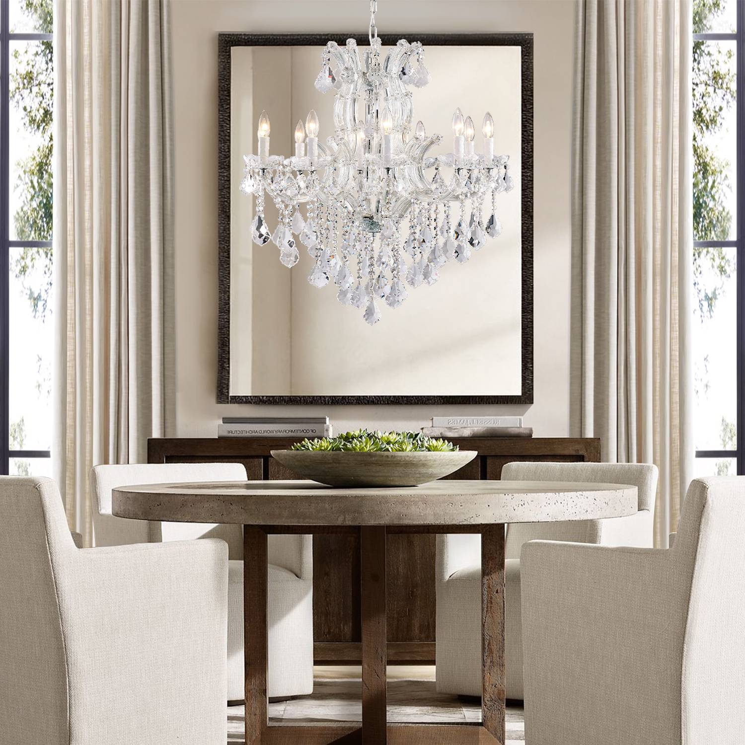 Maria Theresa crystal chandelier above round dining table