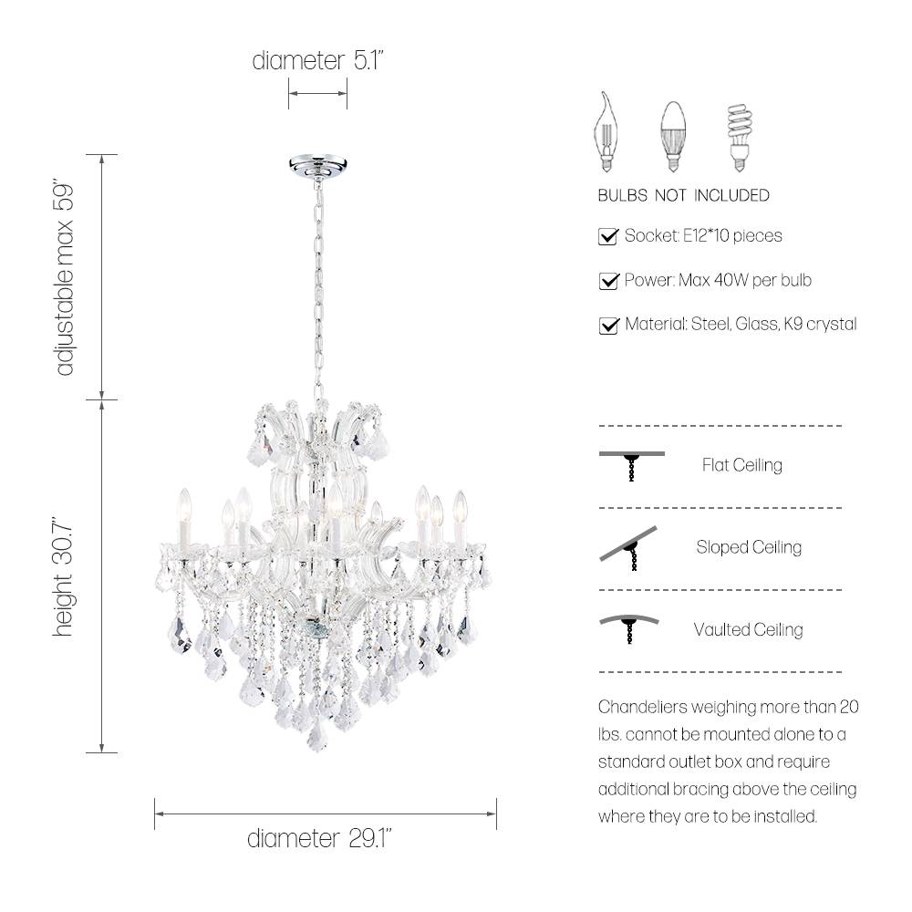 Maria Theresa 10-light crystal chandelier size guide and installation details