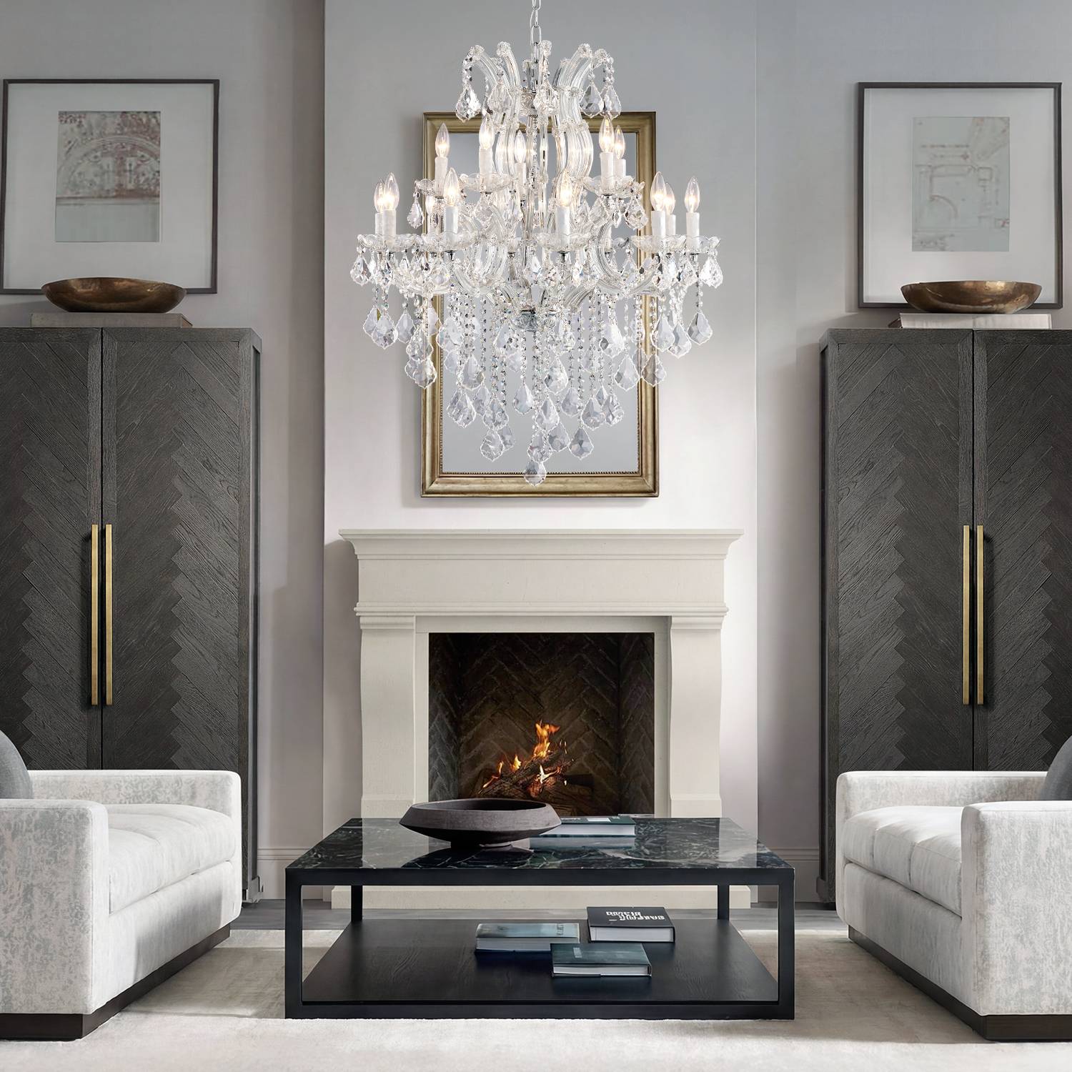 Maria Theresa chandelier in living room with fireplace