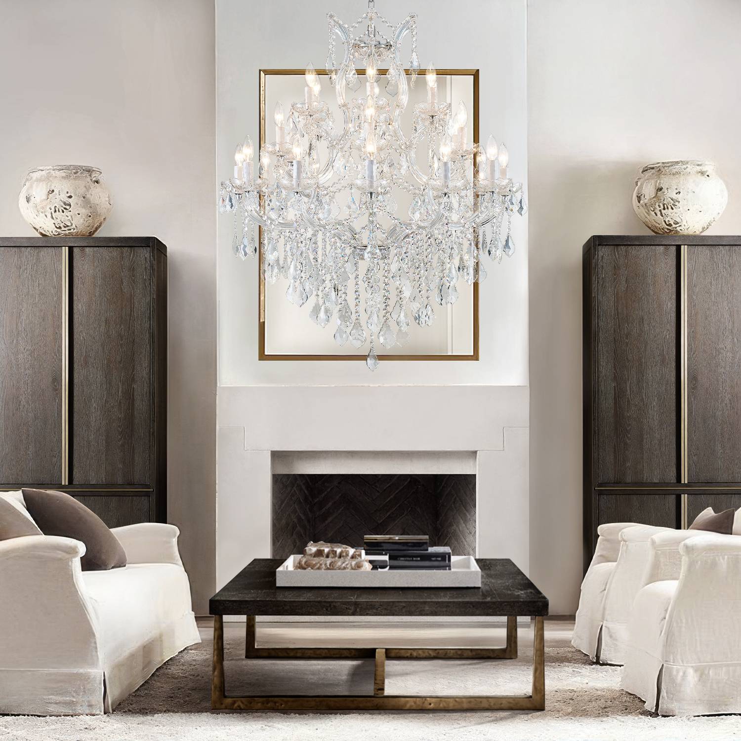 Maria Theresa crystal chandelier in living room with fireplace