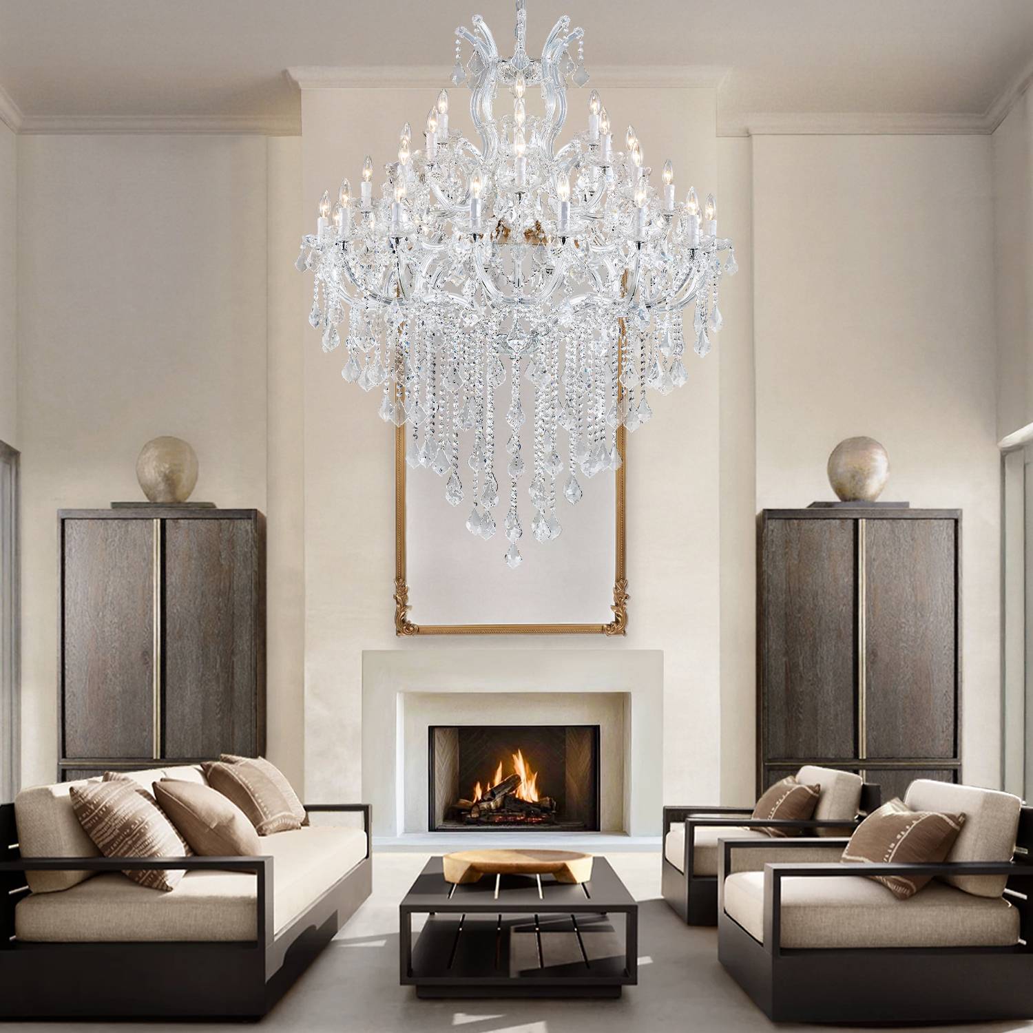 Silver Maria Theresa chandelier in living room with fireplace