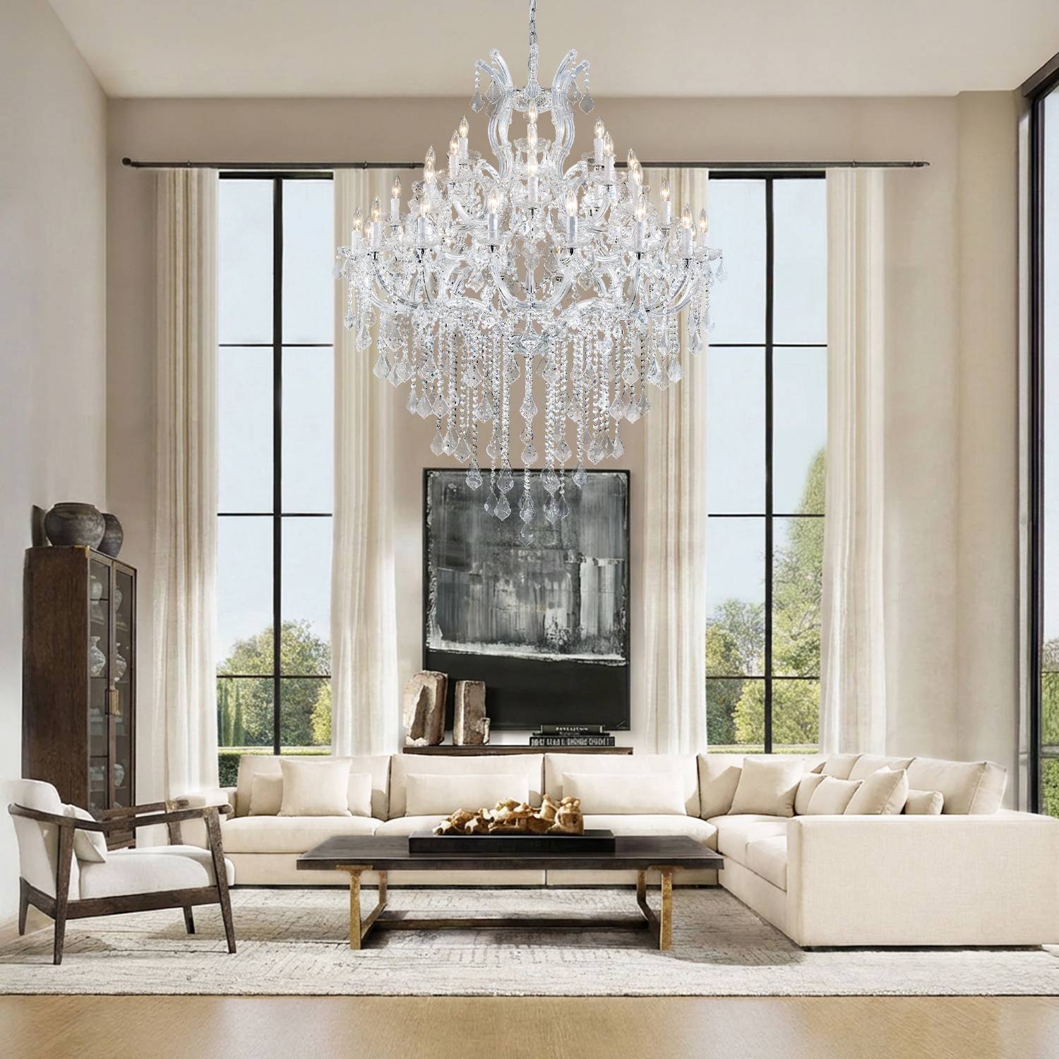 Silver Maria Theresa crystal chandelier in formal living room