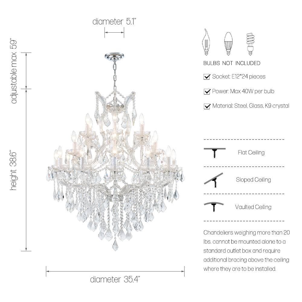Silver Maria Theresa 24-light chandelier dimensions and bulb details