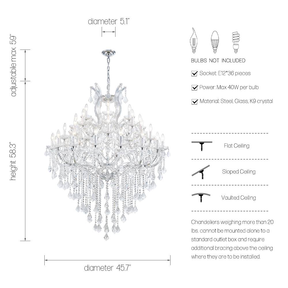 Silver Maria Theresa 24-light chandelier size chart