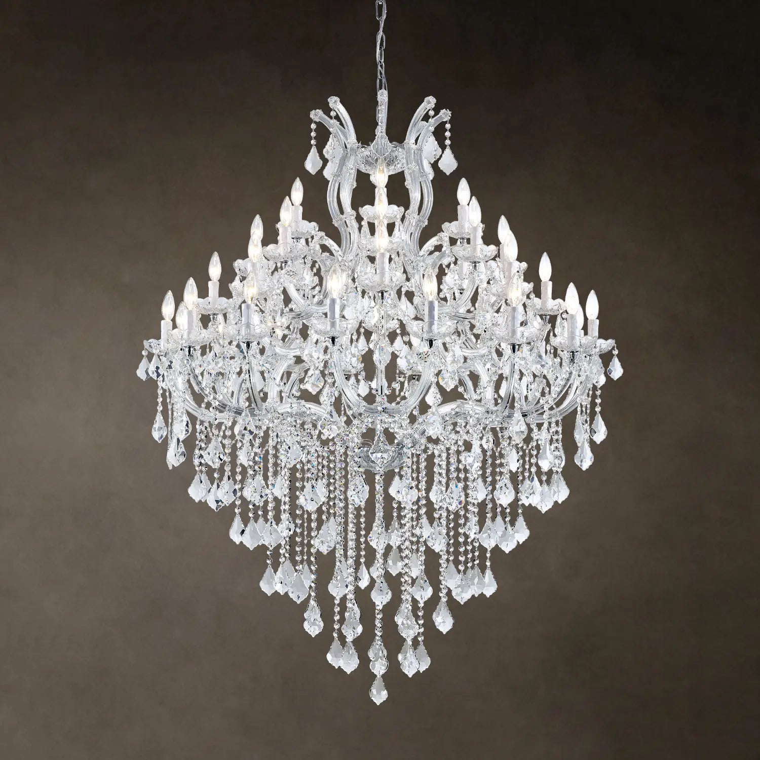 Maria Theresa 36-light silver crystal chandelier on dark background