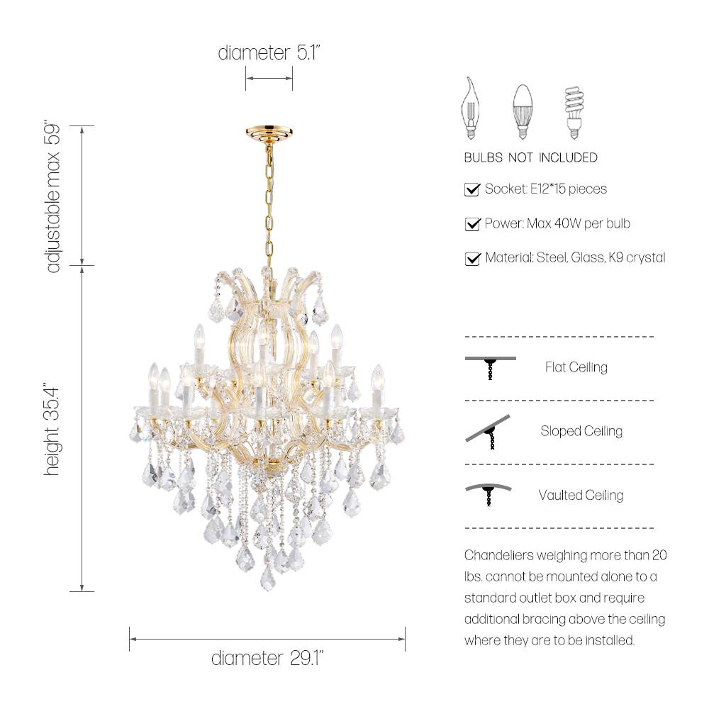 Maria Theresa 15-light crystal chandelier size and bulb guide