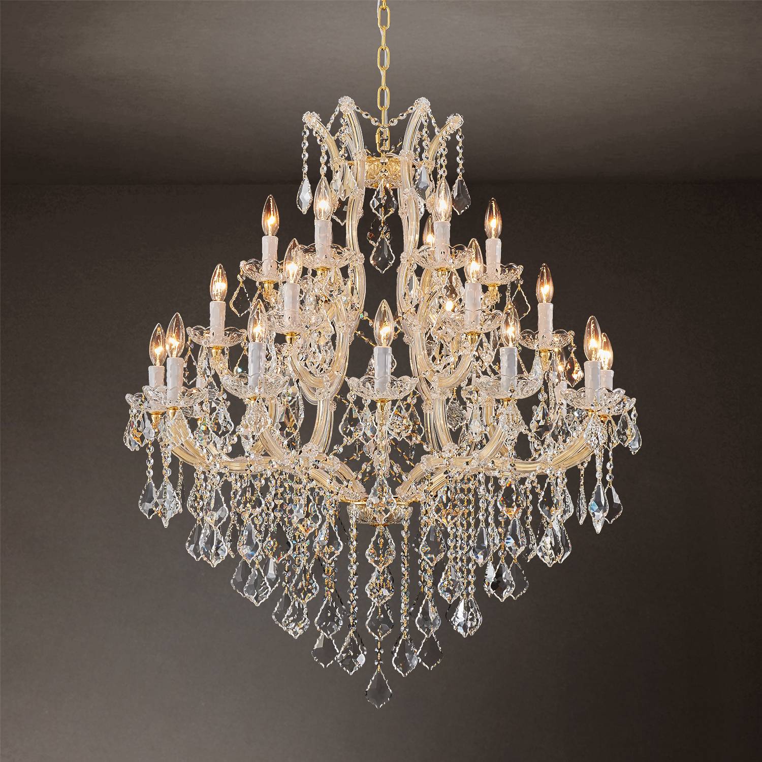 Gold Maria Theresa 24-light crystal chandelier hanging from chain